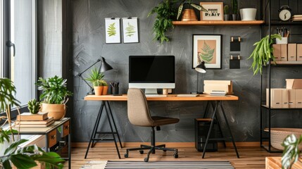 Modern Home Office With Desk, Shelves, and Plants