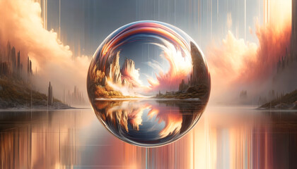  A mesmerizing 3D landscape within a reflective sphere, depicting a fusion of natural and surreal elements, with vivid skies and tranquil waters.