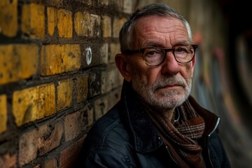 Portrait of an old man with gray beard and glasses against a brick wall