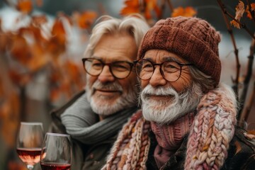 Two seniors enjoying wine, with vineyard in autumn hues.