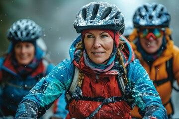 Enthusiastic cyclists in snow-covered gear smile during a challenging group ride in wintry weather.