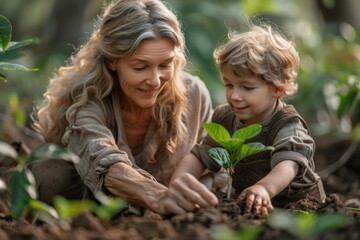 Elderly woman guiding her grandson in planting, surrounded by nature's beauty.