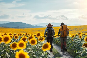 A couple biking through a vibrant sunflower field, an embodiment of active retirement and natural splendor.