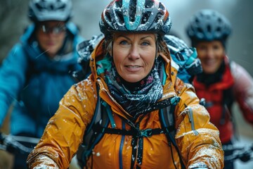 A woman in cycling gear leads a group through a snowy trail, showcasing adventure and determination.