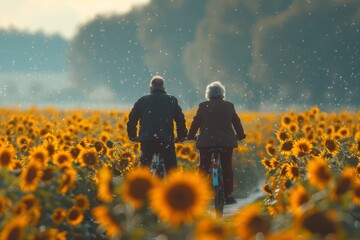 Senior couple biking together through a radiant field of sunflowers, a picturesque scene of togetherness.