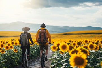 A couple biking through a vibrant sunflower field, an embodiment of active retirement and natural splendor.