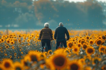 Senior couple biking together through a radiant field of sunflowers, a picturesque scene of togetherness.
