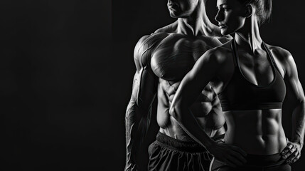 Fototapeta na wymiar Athletic muscular woman and man torsos on a black background. Layout concept for a gym or fitness