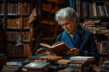 An elderly woman deeply engrossed in a book within the timeless aisles of a classic library.
