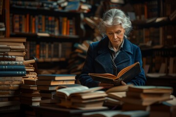 An elderly woman deeply engrossed in a book within the timeless aisles of a classic library.