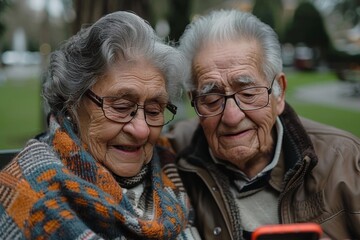 Elderly couple huddled together, sharing a laugh over a smartphone in a park, epitomizing lifelong partnership and joy.