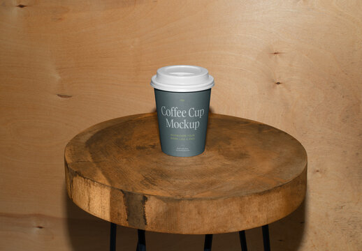 Coffee Cup on the Wooden Stool Mockup