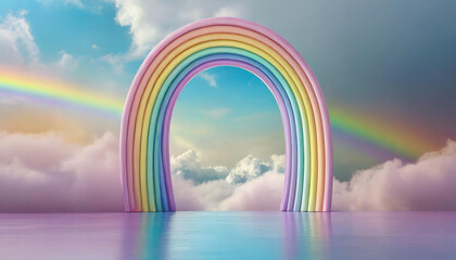 Beautiful rainbow and fluffy clouds. Arch in the sky. 3D rendering.