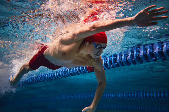 Freestyle swimming type. Dynamic image of yo9ung male athlete, swimmer in motion, training in swimming pool. Underwater. Concept of professional sport, health, endurance, strength, active lifestyle