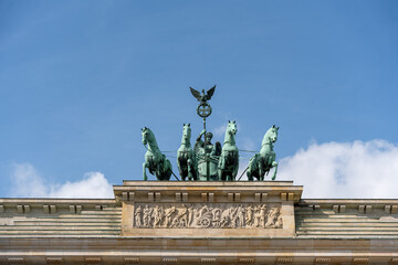Statue of cavalry located on the Brandenburg Gate. Brandenburg Gate close-up.