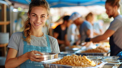 portrait of young caucasian woman volunteering at street food bank, charity, food donations, community server - obrazy, fototapety, plakaty