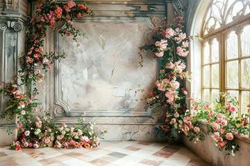 Vintage Castle Wall Photo Set: Blooming Flowers and Elegant Marble Floors