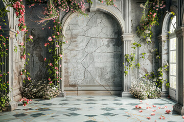 Fototapeta na wymiar Retro Charm: Vintage Castle Wall Photo Set with Flowers and Marble Floor