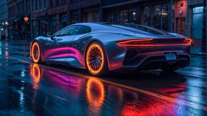 Foto op Plexiglas A futuristic brand-less generic concept Sports car on the road in the city at night with a long exposure © i7 Binno