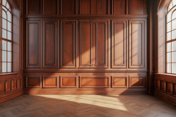 Sunlight casting shadows on classic wooden wall paneling - 783076356