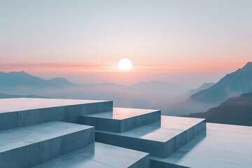 Pink sunrise and geometric concrete steps in serene mountains