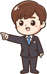 Illustration of a male character in a suit pointing out