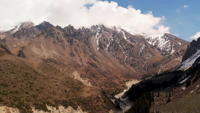 Aerial view of beautiful snowy mountains in Ala Archa National Park, Kyrgyzstan. Beautiful untouched nature