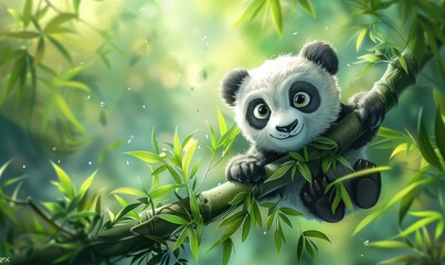 Animated Animal Wallpaper, Adorable Baby Panda in Bamboo with Big Eyes