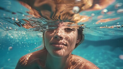 Underwater portrait of a young woman swimming in a refreshing blue pool on a sunny summer day - Powered by Adobe
