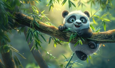 Fototapeta premium Wildlife Wallpaper, Adorable Panda Cub Clinging to a Bamboo Branch with Joy