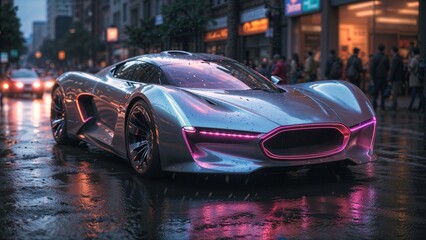 A futuristic brand-less generic concept Sports car on the road in the city at night with a long...