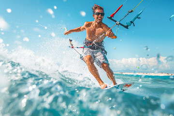 Adventurous male kiteboarder riding the waves in the ocean - Exciting imagery of handsome young man kitesurfing in the sea.