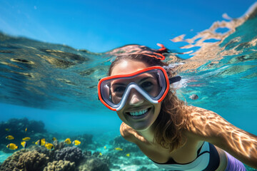 Woman snorkeling in clear water among tropical fish - 783077525