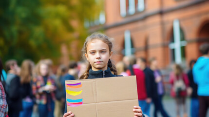Girl holding colorful striped sign in front of school - obrazy, fototapety, plakaty