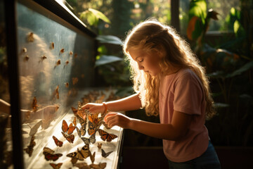 Curly-haired girl touching butterflies in sunlight - obrazy, fototapety, plakaty