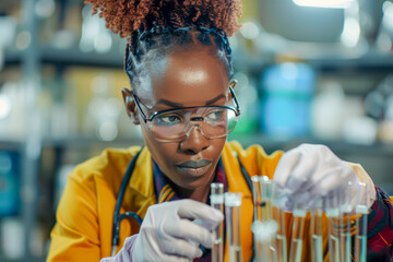 African female scientist extracting clear liquid samples from glass tubes