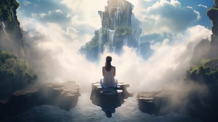 Woman meditating on floating island above the clouds