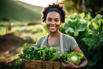 Young woman holding crate of leafy greens on farm - 783077581