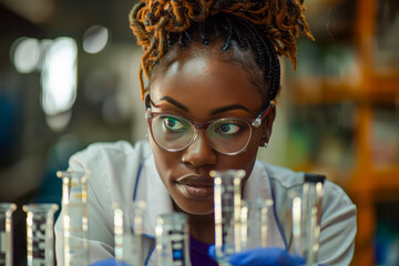 African female scientist extracting test tube samples filled with clear liquid