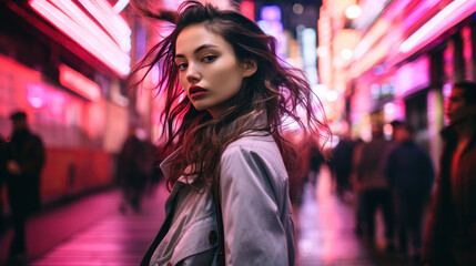 Fashionable young woman on neon-lit city street at night