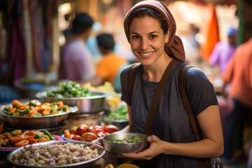 Happy woman holding bowl at outdoor food stall