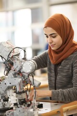Teen girl of Middle Eastern descent assembling robot in lab - 783077599