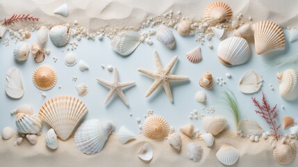 Fototapeta na wymiar Summer travel concept elegant sea banner with shells, corals, and starfish on white sand