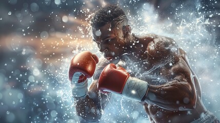 Portrait of Boxer Man in Gloves Against Dark Background in Action