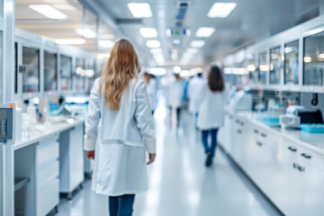 Cutting-edge Medical Research Facility with Blurred Scientists in White Lab Coats