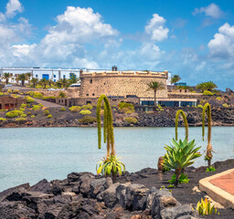 Naos port in Lanzarote, Canary Islands, Spain. Agave plants on volcanic ash and rock in foreground...