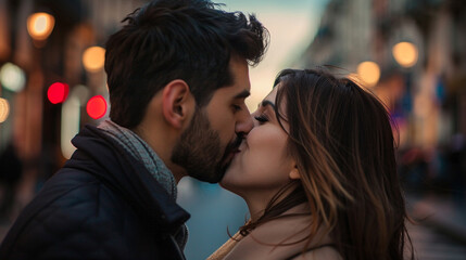Loving couple embracing in an urban kiss