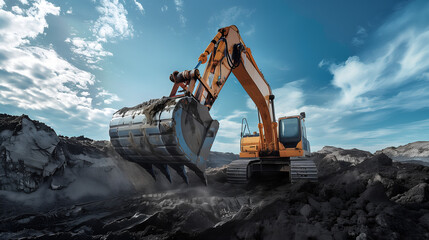 excavator loads the ground in the stone crusher machine during earthmoving works outdoors at mountains construction site. Creative Banner. Copyspace image