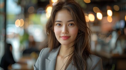Obraz premium Corporate happiness where young, dynamic businesswoman, beautiful manager, adds touch of positivity to her modern office space, making each task joyful endeavor. Generative AI.