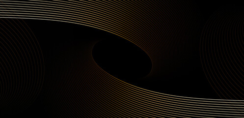 Abstract gold curved lines on black background. Shiny golden moving lines element. Modern luxury graphic design. Elegant concept. Suit for poster, banner, brochure, card, cover, website, flyer